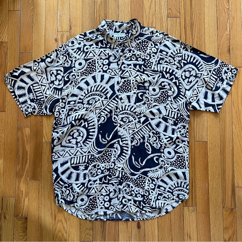 VTG Guess Rayon Hawaiian Shirt Batik Navy Blue White Georges Marciano 90s EUC